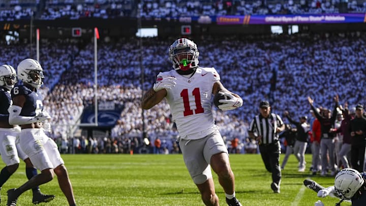 Ohio State Buckeyes wide receiver Brandon Inniss (11) makes a touchdown catch during the first half of the NCAA football game against the Penn State Nittany Lions at Beaver Stadium in University Park, Pa. on Saturday, Nov. 2, 2024.