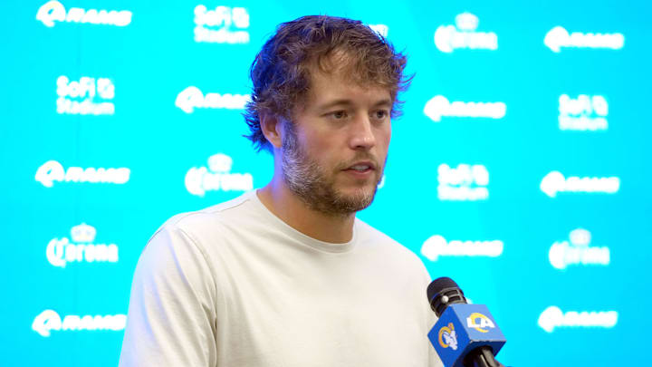 Los Angeles Rams quarterback Matthew Stafford at press conference after the game against the Houston Texans. Los Angeles Rams quarterback Matthew Stafford at press conference after the game against the Houston Texans.