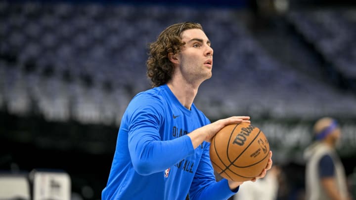 May 13, 2024; Dallas, Texas, USA; Oklahoma City Thunder guard Josh Giddey (3) warms up before the game between the Dallas Mavericks and the Oklahoma City Thunder in game four of the second round for the 2024 NBA playoffs at American Airlines Center. Mandatory Credit: Jerome Miron-USA TODAY Sports May 13, 2024; Dallas, Texas, USA; Oklahoma City Thunder guard Josh Giddey (3) warms up before the game between the Dallas Mavericks and the Oklahoma City Thunder in game four of the second round for the 2024 NBA playoffs at American Airlines Center. Mandatory Credit: Jerome Miron-USA TODAY Sports