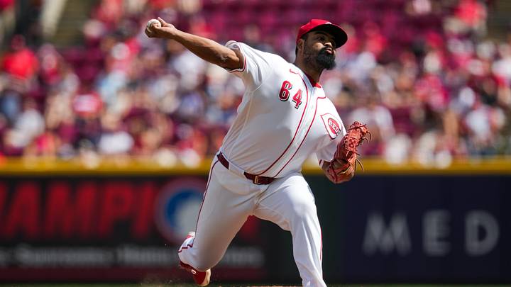 May 31, 2026; Cincinnati, Ohio, USA;  Cincinnati Reds pitcher Tony Santillan (64) throws against the Atlanta Braves in the ninth inning at Great American Ball Park. Mandatory Credit: Aaron Doster-Imagn Images