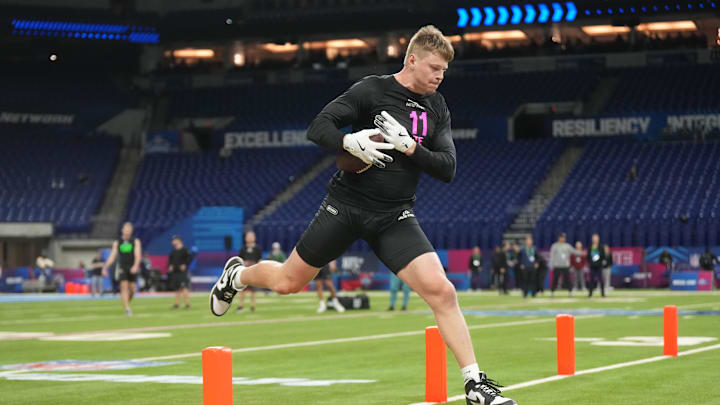Feb 28, 2025; Indianapolis, IN, USA; Georgia Tech tight end Jackson Hawes (TE11) participates in drills during the 2025 NFL Combine at Lucas Oil Stadium. Mandatory Credit: Kirby Lee-Imagn Images Feb 28, 2025; Indianapolis, IN, USA; Georgia Tech tight end Jackson Hawes (TE11) participates in drills during the 2025 NFL Combine at Lucas Oil Stadium. Mandatory Credit: Kirby Lee-Imagn Images