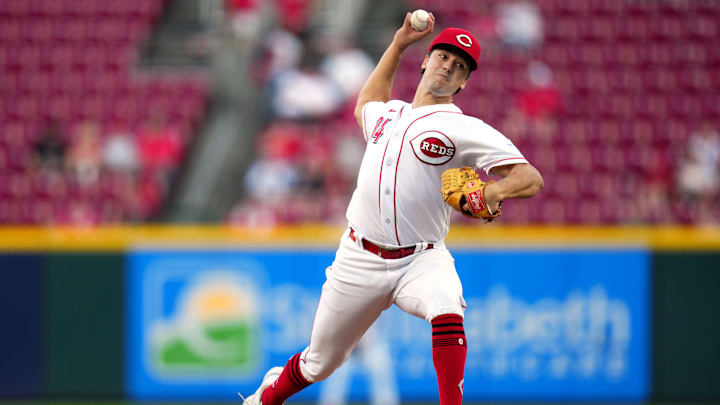 Cincinnati Reds pitcher Connor Phillips (34) delivers a pitch in the first inning of a baseball game against the Minnesota Twins, Monday, Sept. 18, 2023, at Great American Ball Park in Cincinnati.