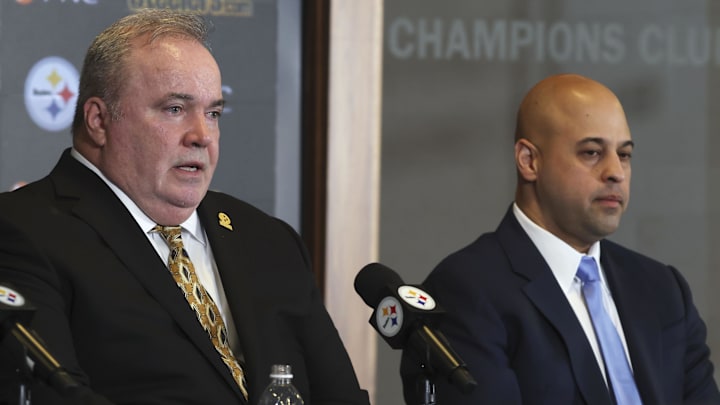 Jan 27, 2026; Pittsburgh, PA, USA;  Pittsburgh Steelers head coach Mike McCarthy (left) speaks at a press conference introducing him as the next head coach of the Steelers as general manager Omar Khan (right) listens in at PNC Champions Club at Acrisure Stadium.. Mandatory Credit: Charles LeClaire-Imagn Images