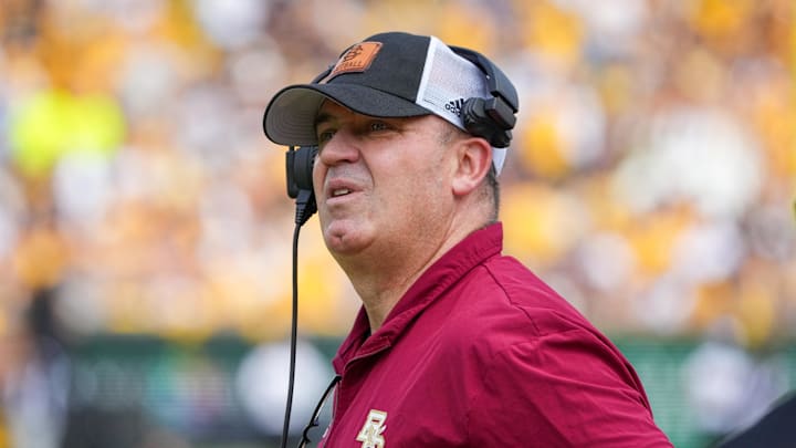 Sep 14, 2024; Columbia, Missouri, USA; Boston College Eagles head coach Bill O'Brien watches the replay board against the Missouri Tigers during the first half at Faurot Field at Memorial Stadium. Mandatory Credit: Denny Medley-Imagn Images