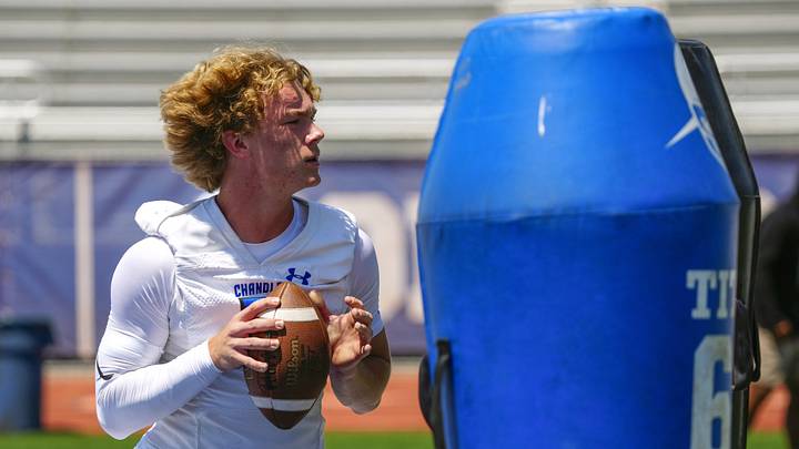 Chandler quarterback Will Mencl (7) throws a pass during spring football showcase at Chandler High School in Chandler on May 12, 2026.