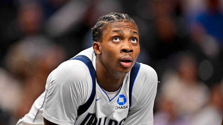 Oct 16, 2026; Dallas, Texas, USA; Dallas Mavericks forward Tobi Lawal (33) looks on during the second half against the Atlanta Hawks at American Airlines Center. Mandatory Credit: Jerome Miron-Imagn Images