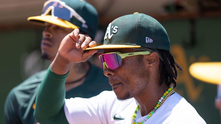 Jul 2, 2023; Oakland, California, USA;  Oakland Athletics center fielder Esteury Ruiz (1) adjusts