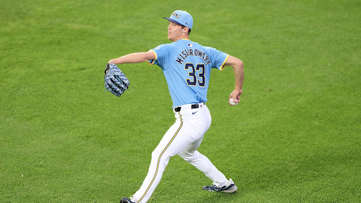 Milwaukee Brewers pitcher Jacob Misiorowski (33) warms up prior to the game against the St. Louis Cardinals at American Family Field on June 12.