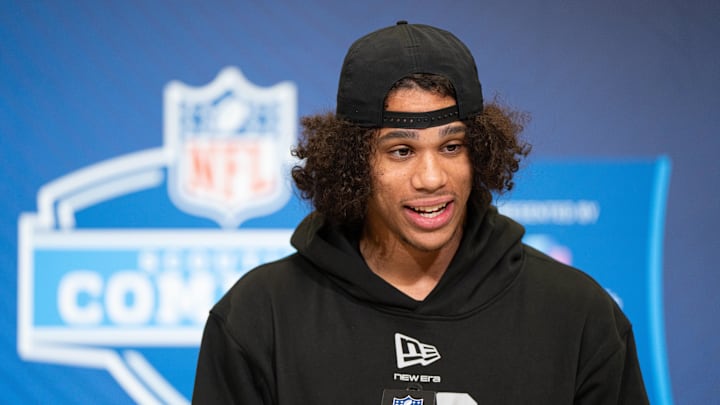 Feb 27, 2026; Indianapolis, IN, USA; Arizona State wideout Jordyn Tyson (WO40) speaks to members of the media during the NFL Combine at the Indiana Convention Center. Mandatory Credit: Jacob Musselman-Imagn Images