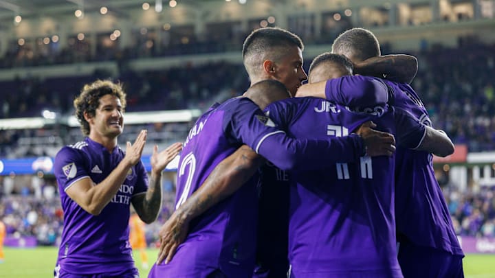 Mar 12, 2022; Orlando, Florida, USA;  Orlando City midfielder Junior Urso (11) celebrates after