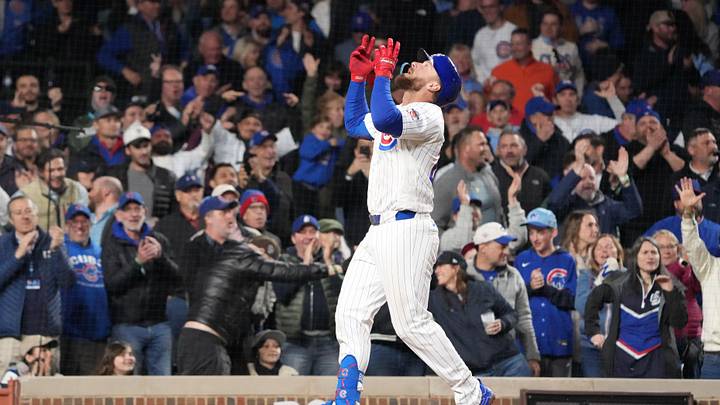 May 5, 2026; Chicago, Illinois, USA; Chicago Cubs first baseman Michael Busch (29) gestures after hitting a home run against the Cincinnati Reds during the eighth inning at Wrigley Field. Mandatory Credit: David Banks-Imagn Images
