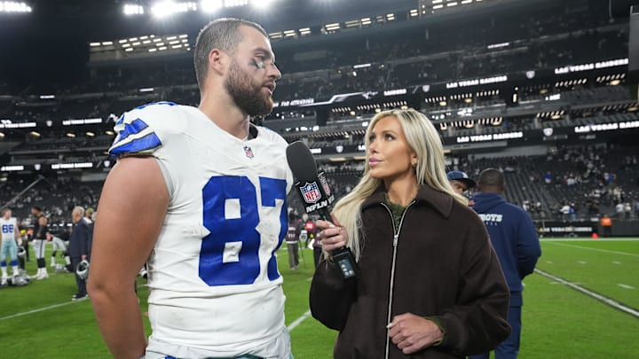 Dallas Cowboys tight end Jake Ferguson interviewed by NFL Network’s Taylor Bisciotti after a game against the Las Vegas Raiders Dallas Cowboys tight end Jake Ferguson interviewed by NFL Network’s Taylor Bisciotti after a game against the Las Vegas Raiders