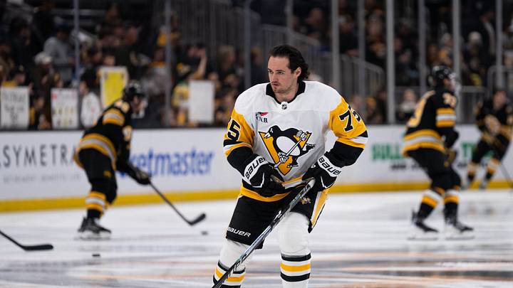 Jan 11, 2026; Boston, Massachusetts, USA; Pittsburgh Penguins defenseman Connor Clifton (75) skates during warm ups before the game against the Boston Bruins at TD Garden. Mandatory Credit: Natalie Reid-Imagn Images