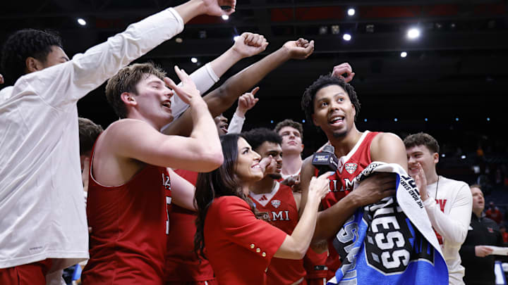 Mar 18, 2026; Dayton, OH, USA; Miami (OH) RedHawks wing Eian Elmer (0) is interviewed after the game against the SMU Mustangs during a first four game of the men's 2026 NCAA Tournament at University of Dayton Arena. Mandatory Credit: Rick Osentoski-Imagn Images
