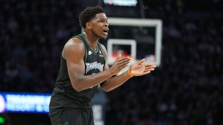 May 15, 2026; Minneapolis, Minnesota, USA; Minnesota Timberwolves guard Anthony Edwards (5) looks on against the San Antonio Spurs in the first half during game six of the second round of the 2026 NBA Playoffs at Target Center. Mandatory Credit: Jesse Johnson-Imagn Images