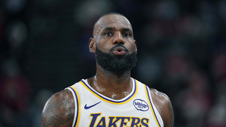 Dec 20, 2025; Inglewood, California, USA; Los Angeles Lakers forward Lebron James (23) reacts against the LA Clippers in the second half at Intuit Dome. Mandatory Credit: Kirby Lee-Imagn Images