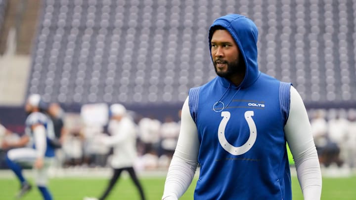 Indianapolis Colts defensive tackle DeForest Buckner (99) walks the field Sunday, Sept. 17, 2023, before a game against the Houston Texans at NRG Stadium in Houston