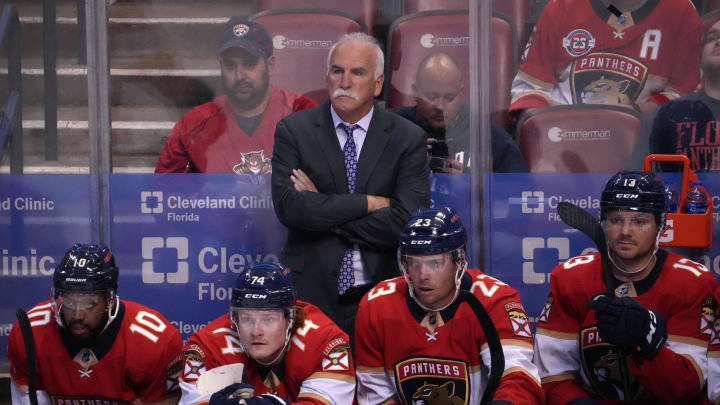 Oct 27, 2021; Sunrise, Florida, USA; Florida Panthers head coach Joel Quenneville watches during the first period against the Boston Bruins at FLA Live Arena. Mandatory Credit: Jasen Vinlove-USA TODAY Sports Oct 27, 2021; Sunrise, Florida, USA; Florida Panthers head coach Joel Quenneville watches during the first period against the Boston Bruins at FLA Live Arena. Mandatory Credit: Jasen Vinlove-USA TODAY Sports
