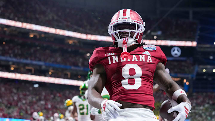 Indiana Hoosiers running back Kaelon Black (8) celebrates after rushing in a touchdown Friday, Jan. 9, 2026, during the Peach Bowl and semifinal game of the College Football Playoff against the Oregon Ducks at Mercedes-Benz Stadium in Atlanta. Indiana Hoosiers running back Kaelon Black (8) celebrates after rushing in a touchdown Friday, Jan. 9, 2026, during the Peach Bowl and semifinal game of the College Football Playoff against the Oregon Ducks at Mercedes-Benz Stadium in Atlanta.