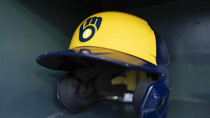 Sep 10, 2024; San Francisco, California, USA; General view of the helmet used by the Milwaukee Brewers before the start of the first inning against the San Francisco Giants at Oracle Park. Mandatory Credit: Stan Szeto-Imagn Images Sep 10, 2024; San Francisco, California, USA; General view of the helmet used by the Milwaukee Brewers before the start of the first inning against the San Francisco Giants at Oracle Park. Mandatory Credit: Stan Szeto-Imagn Images