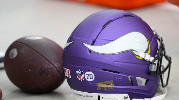 Nov 23, 2025; Green Bay, Wisconsin, USA;  General view of an Minnesota Vikings helmet during the warmups prior to the game against the Green Bay Packers at Lambeau Field. Mandatory Credit: Jeff Hanisch-Imagn Images