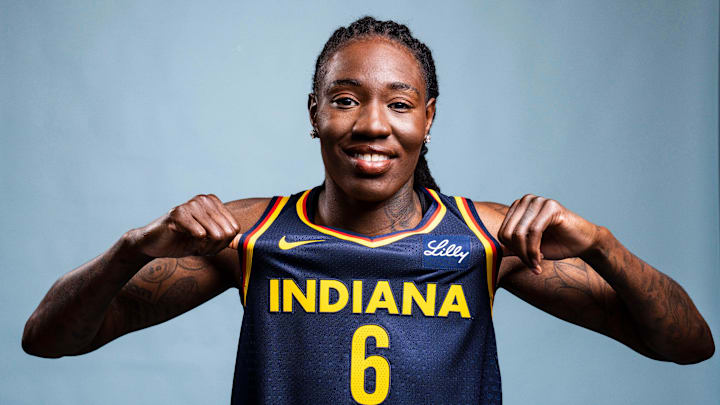 Indiana Fever forward Natasha Howard poses for a photo Wednesday, April 30, 2025, during the Indiana Fever media day at Gainbridge Fieldhouse in Indianapolis.
