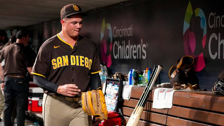 San Diego Padres pitcher Adrian Morejon (50) walks through the dugout after being relieved in the eighth inning of the MLB National League game between the San Diego Padres and the Cincinnati Reds at Great American Ball Park in Cincinnati on Tuesday, Sept. 1, 2026. The Reds won, 4-3.