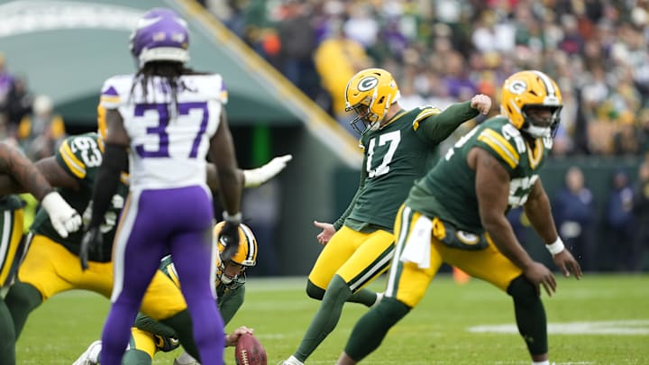 Nov 23, 2025; Green Bay, Wisconsin, USA; Green Bay Packers place kicker Brandon McManus (17) kicks a field goal Minnesota Vikings during the second half at Lambeau Field. Mandatory Credit: Kayla Wolf-Imagn Images