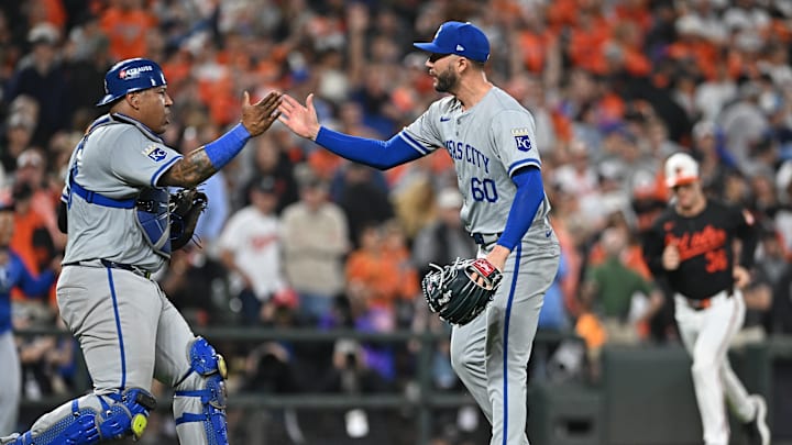 Royals pitcher Lucas Erceg is congratulated by catcher Salvador Perez after getting the last out in Kansas City's series-clinching win Royals pitcher Lucas Erceg is congratulated by catcher Salvador Perez after getting the last out in Kansas City's series-clinching win