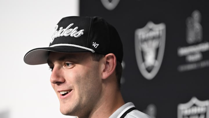 Apr 26, 2024; Henderson, NV, USA; Las Vegas Raiders tight end Brock Bowers speaks to the media at Intermountain Health Performance Center in Henderson, NV.  Mandatory Credit: Candice Ward-USA TODAY Sports