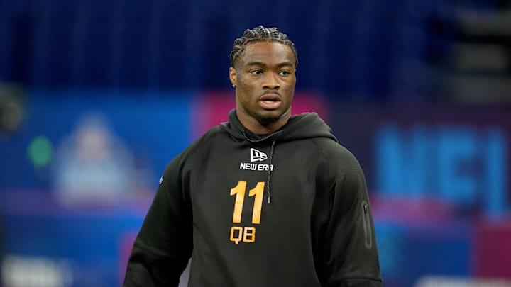 Mar 1, 2025; Indianapolis, IN, USA; Alabama quarterback Jalen Milroe (QB11) during the 2025 NFL Combine at Lucas Oil Stadium. Mandatory Credit: Kirby Lee-Imagn Images
