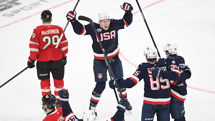 Brady Tkachuk (center) is among the players on Team USA's Olympic ice hockey roster. 