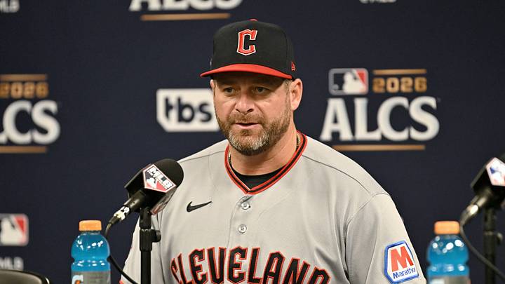 Oct 13, 2026; St. Petersburg, Florida, USA;  Cleveland Guardians manager Stephen Vogt (12) speaks to the media after game two of the ALCS against the Tampa Bay Rays in the 2026 MLB Playoffs at Tropicana Field.  Mandatory Credit: Jonathan Dyer-Imagn Images