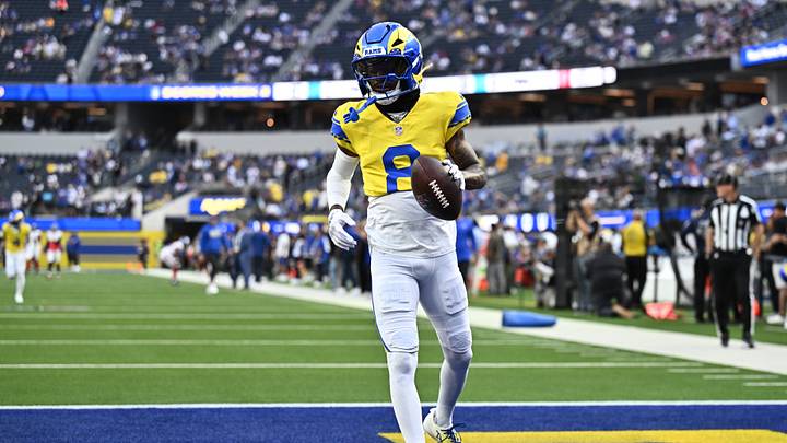 Sep 21, 2026; Inglewood, California, USA; Los Angeles Rams wide receiver Tutu Atwell (8) warms up before a game agaimst the New York Giants at SoFi Stadium. Mandatory Credit: William Liang-Imagn Images Sep 21, 2026; Inglewood, California, USA; Los Angeles Rams wide receiver Tutu Atwell (8) warms up before a game agaimst the New York Giants at SoFi Stadium. Mandatory Credit: William Liang-Imagn Images