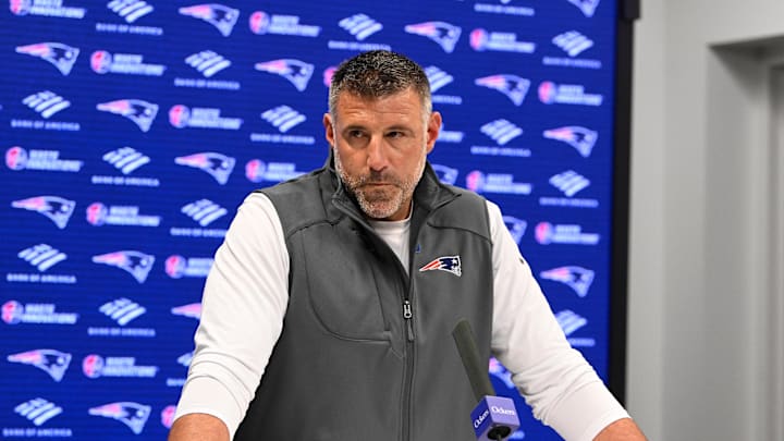 May 9, 2025; Foxborough, MA, USA;  New England Patriots head coach Mike Vrabel speaks the to media during a press conference at Gillette Stadium. Mandatory Credit: Eric Canha-Imagn Images