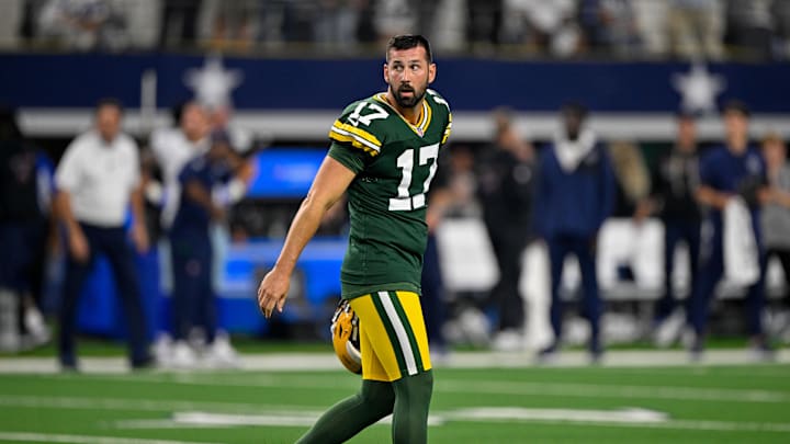 Sep 28, 2025; Arlington, Texas, USA; Green Bay Packers place kicker Brandon McManus (17) walks off the field after he kicks the game tying field goal in overtime during the game between the Dallas Cowboys and the Green Bay Packers at AT&T Stadium. Mandatory Credit: Jerome Miron-Imagn Images