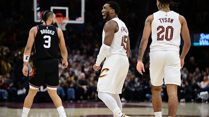 Dec 31, 2025; Cleveland, Ohio, USA; Cleveland Cavaliers guard Donovan Mitchell (45) celebrates after being fouled and making the basket during the second half against the Phoenix Suns at Rocket Arena. Mandatory Credit: David Dermer-Imagn Images
