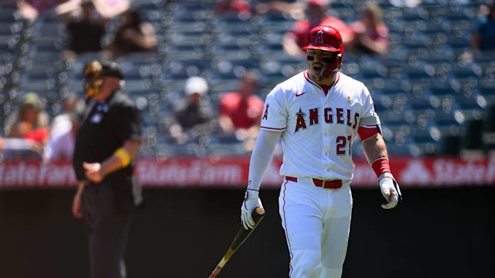 Sep 7, 2025; Anaheim, California, USA; Los Angeles Angels designated hitter Mike Trout (27) reacts after striking out during the first inning against the Athletics at Angel Stadium. Mandatory Credit: William Liang-Imagn Images Sep 7, 2025; Anaheim, California, USA; Los Angeles Angels designated hitter Mike Trout (27) reacts after striking out during the first inning against the Athletics at Angel Stadium. Mandatory Credit: William Liang-Imagn Images
