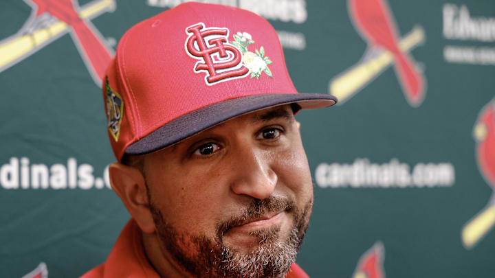 Feb 16, 2026; Jupiter, FL, USA;  St. Louis Cardinals manager Oliver Marmol (37) takes questions from the media before spring training workouts at Roger Dean Stadium. Mandatory Credit: Reinhold Matay-Imagn Images