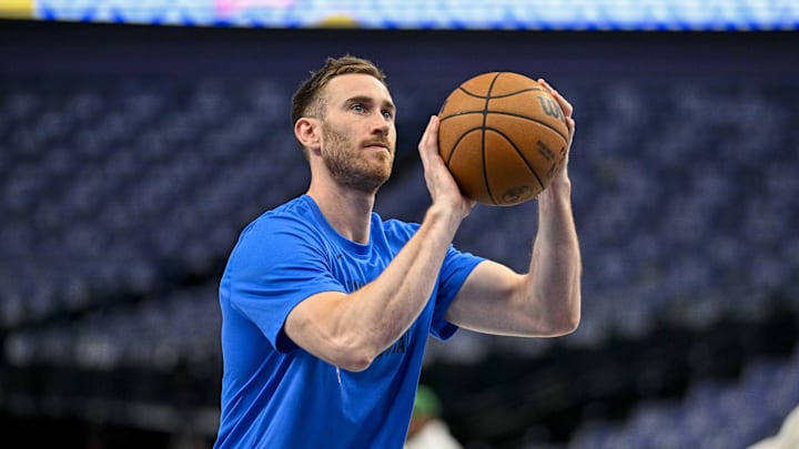 May 13, 2024; Dallas, Texas, USA; Oklahoma City Thunder forward Gordon Hayward (33) warms up before the game between the Dallas Mavericks and the Oklahoma City Thunder in game four of the second round for the 2024 NBA playoffs at American Airlines Center. Mandatory Credit: Jerome Miron-Imagn Images