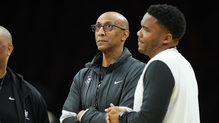 Mar 19, 2026; Philadelphia, PA, USA; UCF Knights head coach Johnny Dawkins looks on during a practice session ahead of the first round of the men's 2026 NCAA Tournament at Xfinity Mobile Arena. Mandatory Credit: Kyle Ross-Imagn Images Mar 19, 2026; Philadelphia, PA, USA; UCF Knights head coach Johnny Dawkins looks on during a practice session ahead of the first round of the men's 2026 NCAA Tournament at Xfinity Mobile Arena. Mandatory Credit: Kyle Ross-Imagn Images