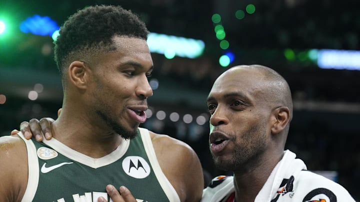 Oct 22, 2025; Milwaukee, Wisconsin, USA; Milwaukee Bucks forward Giannis Antetokounmpo (34) and Washington Wizards forward Khris Middleton (22) former teammates talk to each other after their game at Fiserv Forum. Mandatory Credit: Michael McLoone-Imagn Images Oct 22, 2025; Milwaukee, Wisconsin, USA; Milwaukee Bucks forward Giannis Antetokounmpo (34) and Washington Wizards forward Khris Middleton (22) former teammates talk to each other after their game at Fiserv Forum. Mandatory Credit: Michael McLoone-Imagn Images