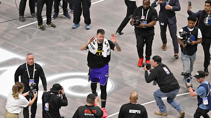 Apr 9, 2025; Dallas, Texas, USA; Los Angeles Lakers guard Luka Doncic (77) after the game between the Dallas Mavericks and the Los Angeles Lakers at American Airlines Center. Mandatory Credit: Jerome Miron-Imagn Images
