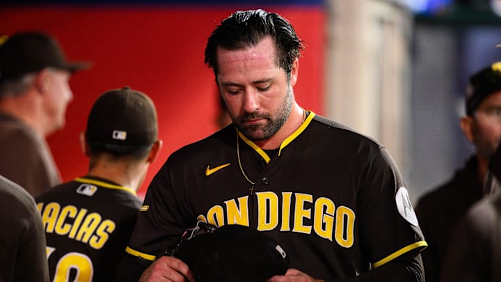 Apr 17, 2026; Anaheim, California, USA; San Diego Padres pitcher Matt Waldron (61) looks on after a pitching change during the fourth inning against the Los Angeles Angels at Angel Stadium. Mandatory Credit: William Liang-Imagn Images