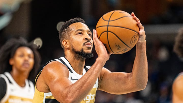 Dec 20, 2025; Memphis, Tennessee, USA; Washington Wizards Guard CJ McCollum (3) shoots a free-throw in the first half against the Memphis Grizzlies at FedExForum. Mandatory Credit: Matthew Smith-Imagn Images