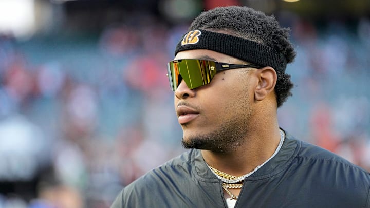 Injured Cincinnati Bengals offensive tackle Orlando Brown Jr. (75) walks for the locker room after the fourth quarter of the NFL Week 9 game between the Cincinnati Bengals and the Las Vegas Raiders at Paycor Stadium in downtown Cincinnati on Sunday, Nov. 3, 2024. The Bengals collected their first win at home with a 41-24 victory over the Raiders.
