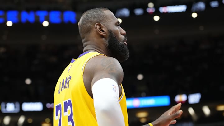 Mar 27, 2025; Chicago, Illinois, USA; Los Angeles Lakers forward LeBron James (23) plays against the Chicago Bulls during the first quarter at United Center. Mandatory Credit: David Banks-Imagn Images