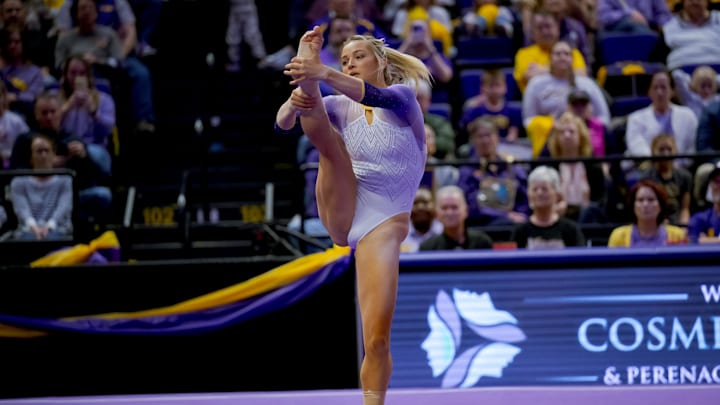LSU Lady Tigers senior Livvy Dunne performs a floor routine against the Arkansas Razorbacks.