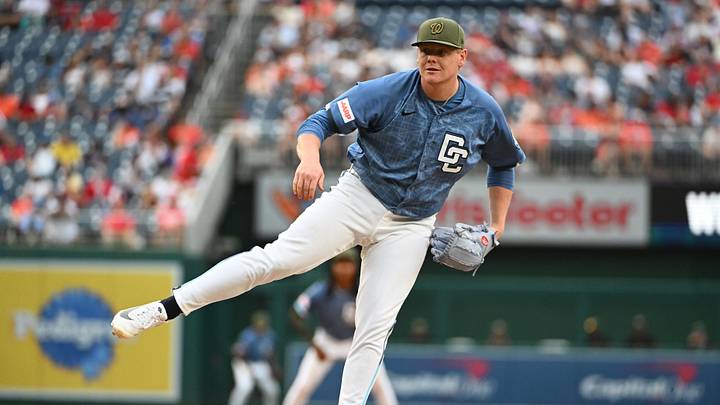 May 16, 2026; Washington, District of Columbia, USA; Washington Nationals pitcher Paxton Schultz (75) throws to the Baltimore Orioles during the ninth inning at Nationals Park. Mandatory Credit: Brad Mills-Imagn Images