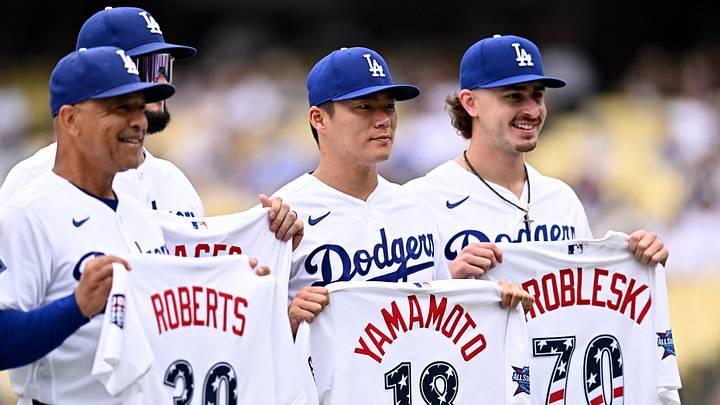 Jul 12, 2026; Los Angeles, California, USA; Los Angeles Dodgers manager Dave Roberts (30), pitcher Yoshinobu Yamamoto (18), and pitcher Justin Wrobleski (70) pose with their All-Star game jerseys before the game against the Arizona Diamondbacks at Dodger Stadium. Mandatory Credit: William Liang-Imagn Images Jul 12, 2026; Los Angeles, California, USA; Los Angeles Dodgers manager Dave Roberts (30), pitcher Yoshinobu Yamamoto (18), and pitcher Justin Wrobleski (70) pose with their All-Star game jerseys before the game against the Arizona Diamondbacks at Dodger Stadium. Mandatory Credit: William Liang-Imagn Images